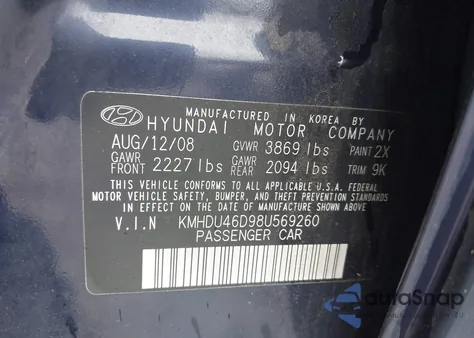 2008 Hyundai Elantra Gls/Se from USA, damaged, VIN KMHDU46D98U569260